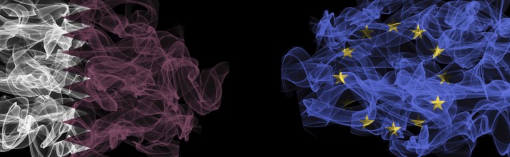 Flags of Qatar and EU on Black background, Qatar vs Europe Union Smoke Flags