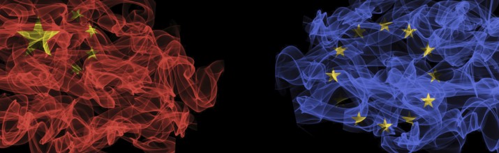 Flags of China and EU on Black background, China vs Europe Union Smoke Flags