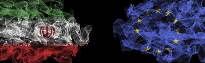 Flags of Iran and EU on Black background, Iran vs Europe Union Smoke Flags