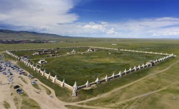 Aerial panorama view of the Kharkhorin Erdene Zuu Monastery in Kharkhorin (Karakorum), Mongolia.