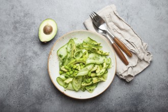 Healthy vegan green avocado salad bowl with sliced cucumbers, edamame beans, olive oil and herbs on