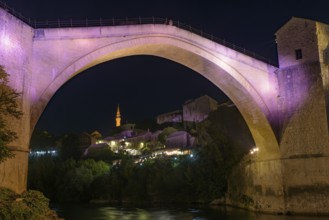 Mostar Bridge at night, an Ottoman bridge in Mostar, Bosnia and Herzegovina, Europe
