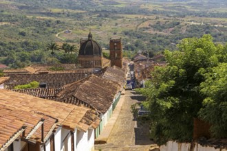 View down to the center of historic town Barichara and green surrounding, Colombia, South America
