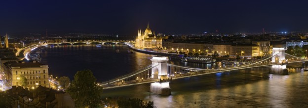 Night panorama of Hungarian Parliament Building, Széchenyi Chain Bridge, and River Danube in