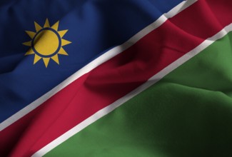 Closeup of Ruffled Namibia Flag, Namibia Flag Blowing in Wind