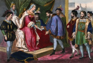 Christopher Columbus standing before King Ferdinand and Queen Isabella on his return to Spain,