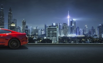 Sportwagen auf der Straßenseite mit Nacht Himmel Stadtlandschaft Hintergrund geparkt