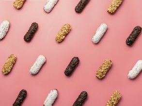 Pattern of different homemade eclairs on pink background. Top view of delicious healthy profitroles