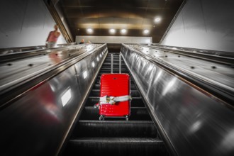 Escalator and suitcase. Shooting Location: New York, Manhattan