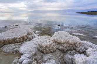 Sand und Steine mit kristallinem Salz am Ufer des Toten Meeres bedeckt, klarer Wasserhintergrund -