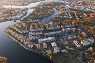 Wideangle aerial sunset drone photo of Kopenick Berlin, Germany Kuresnick and Filmlager Kodak areal