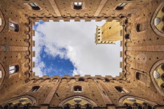 Detail of the Palazzo Pubblico town hall in Siena, Italy, Europe