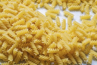 Stack of spiral macaroni on blue background food and drink concept
