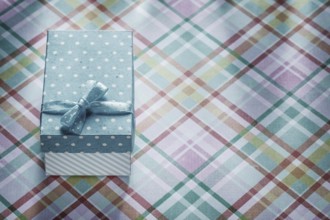 Gift box on checked fabric celebrations concept
