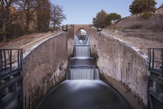 Waterfall in Touristic attraction Canal de Castilla, famous landmark in Palencia, Spain, Europe