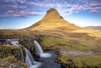 Waterfall in front of the mountain Kirkjufell, Iceland, Europe