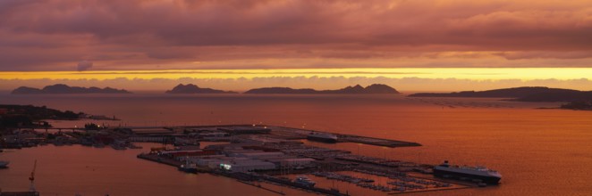 Vigo skyline and port sunset in Galicia of Spain