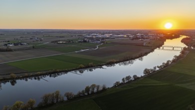 Fields and river (Danube) at dusk with setting sun, picturesque landscape, Bogen, Lower Bavaria,