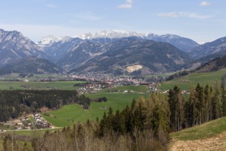 View of the Eisenerz Alps, in the valley the village of Trofaiach, Styria, Austria, Europe
