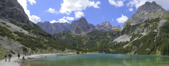 Panoramic view of the beautiful Sebensee with Sonnenspitze, Mieminger Gebirge and Coburger Hütte