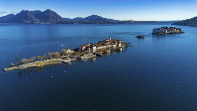 Aerial view of the Borromee islands on Lake Maggiore