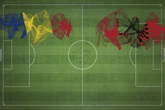 Romania vs Albania Soccer Match, national colors, national flags, soccer field, football game,