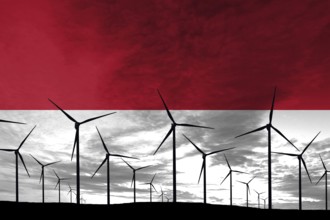 Monaco flag wind farm at sunset, sustainable development, renewable energy Wind Turbines