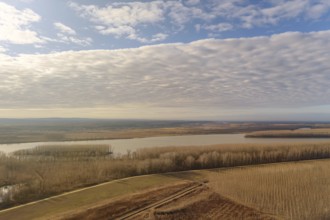 Aerial view the river on Autumn forest plain