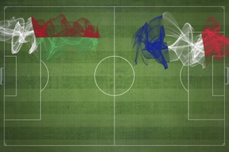 Madagascar vs France Soccer Match, national colors, national flags, soccer field, football game,