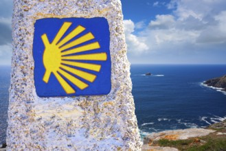 End of Saint James Way sign of Finisterre in Galicia Spain photomount