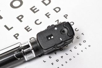 The ophthalmoscope is located on an eye test, with a white background