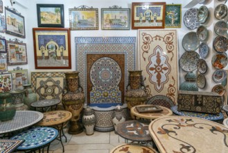 Fez, Morocco, 4 March, 2024: close-up view of traditional pottery and mosaic work in a Moroccan
