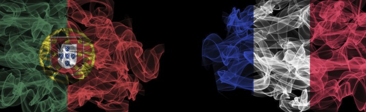 Flags of Portugal and France on Black background, Portugal vs France Smoke Flags