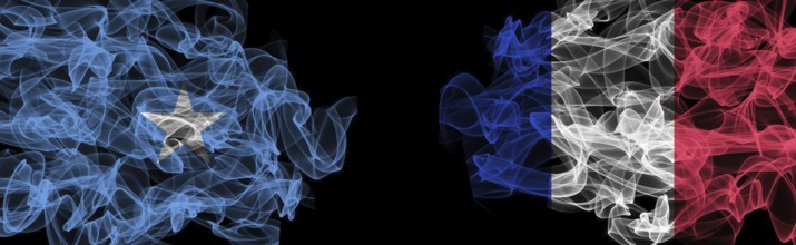 Flags of Somalia and France on Black background, Somalia vs France Smoke Flags