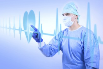 Surgeon doctor in sterile gloves preparing for operation in hospital looking at virtual hologram