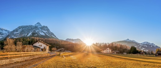 Beautiful mountain landscape with a small village, called Ehrwald, located at the foot of the