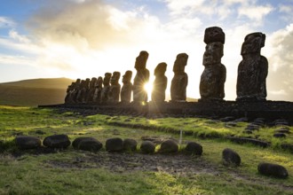 Easter island landscape. Ahu Tongariki. Panoramic view Papa nui