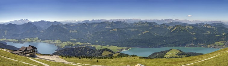 Panoramic view of Alps mountain with Wolfgangsee lake from Schafberg mountain, Austria, Europe