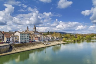 View of Tournus with abbey fron Saone river, France, Europe