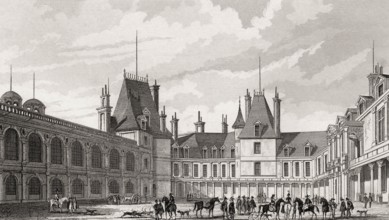 The Oval Courtyard, Château de Fontainebleau, near Paris, antique steel engraved print, 1831