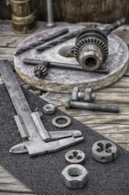 Set of old tools of the keys, screws and drills Selective focus