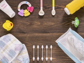 Japanese diapers, wet wipes, baby powder, cream, tither, cotton buds, spoons, soother and duckling