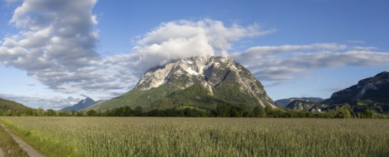 Cloudy mood over mountain peak, Grimming, panoramic shot, near Irdning, Styria, Austria, Europe