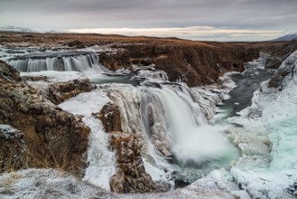 Panoramic view of Reykjafoss waterfall. Varmahlid river in Northern Iceland in winter