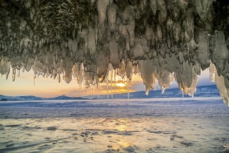 View of sunset at Lake Baikal, Russia in winter