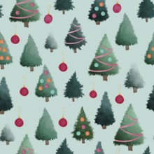 Green Christmas trees with red baubles watercolour painting seamless pattern design illustration on