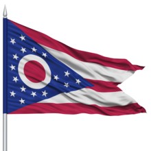 Isolated Ohio Flag on Flagpole, USA state, Flying in the Wind, Isolated on White Background