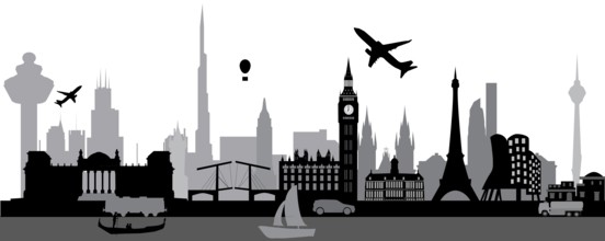 World skyline with architecture from around the globe as the big ben in london, the opera house