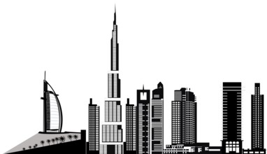 Illustration of the dubai city skyline with landmarks as the burj al arab hotel and the burj