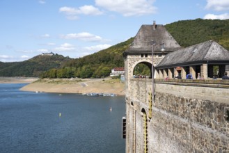 Dam of Lake Edersee at low tide, Hesse, Germany, Europe